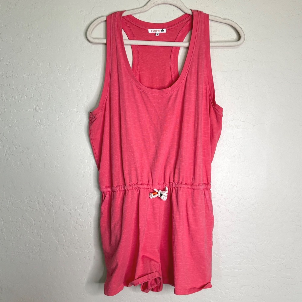 Sundry Women Cotton Blend Romper 3 Pink Racerback Slub Knit Boho Pocket